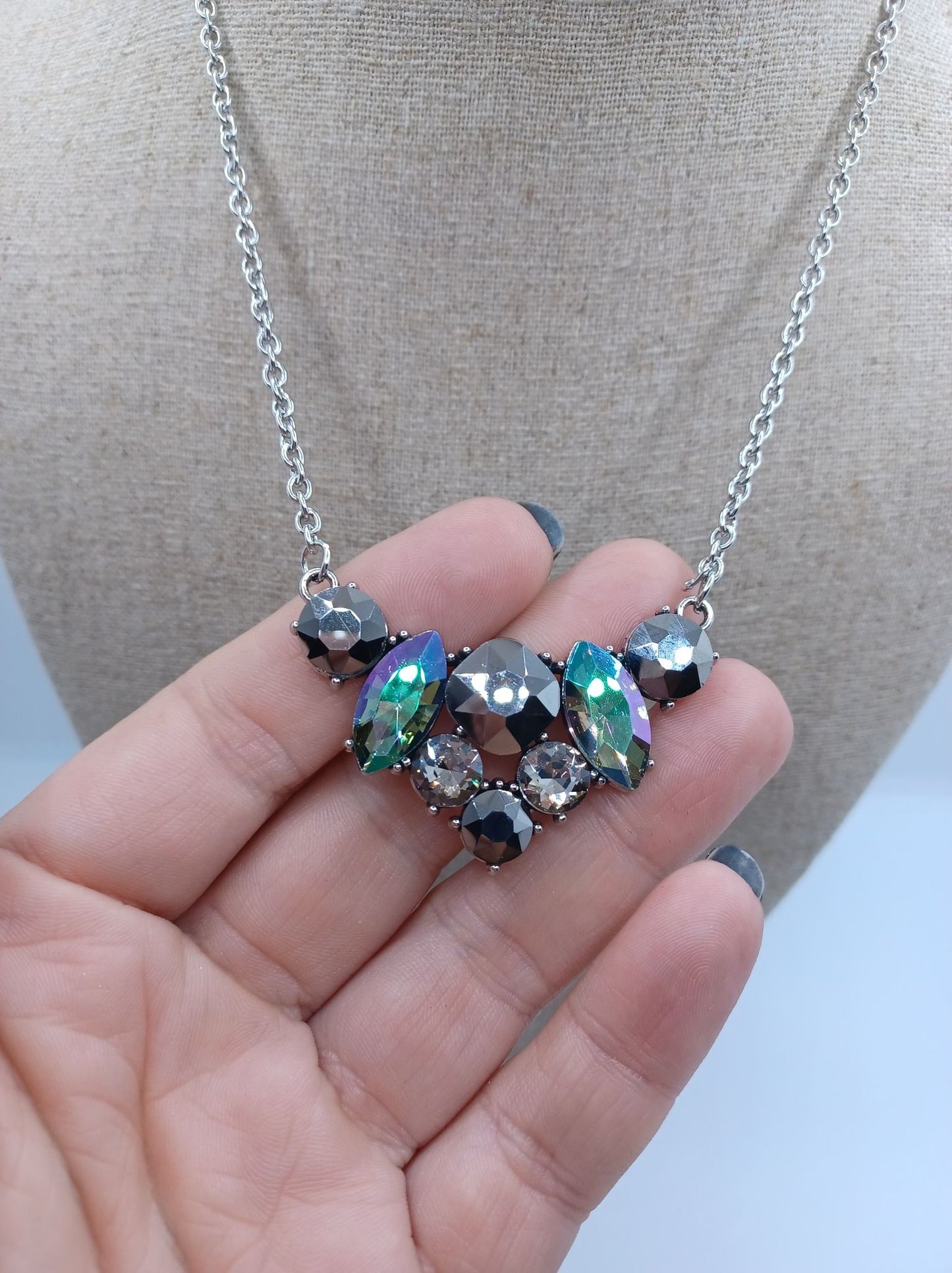 Silver Necklace w/ Gunmetal & Oil Spill Rhinestones