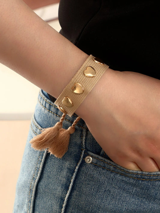 Brown Woven Pull Style Bracelet w/ Gold Heart Embellishments