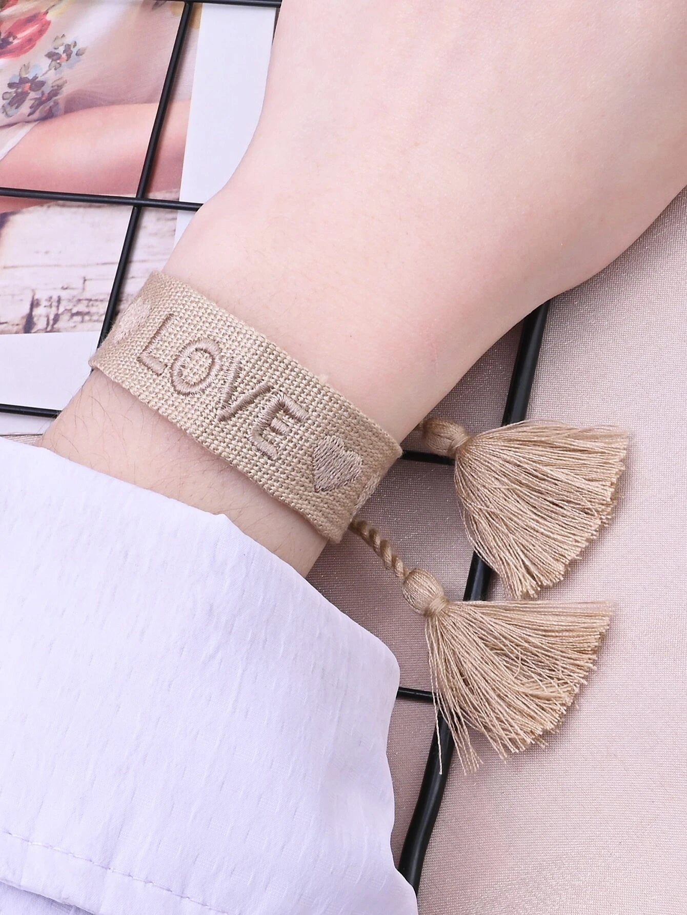 Brown Woven Bracelet w/ Brown Embroidered Heart & "Love"