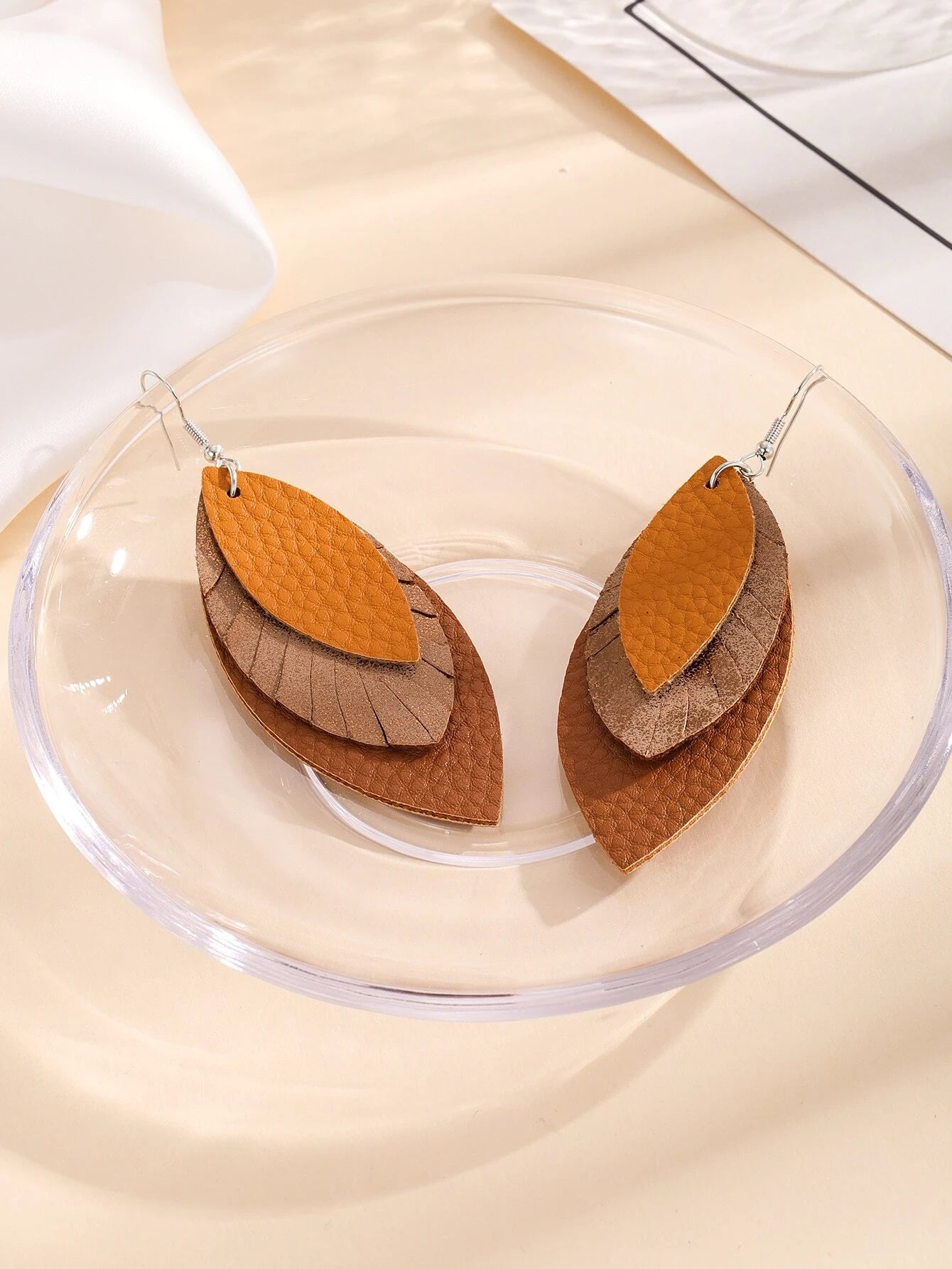 Triple Layered Leather Style Leaf Earrings