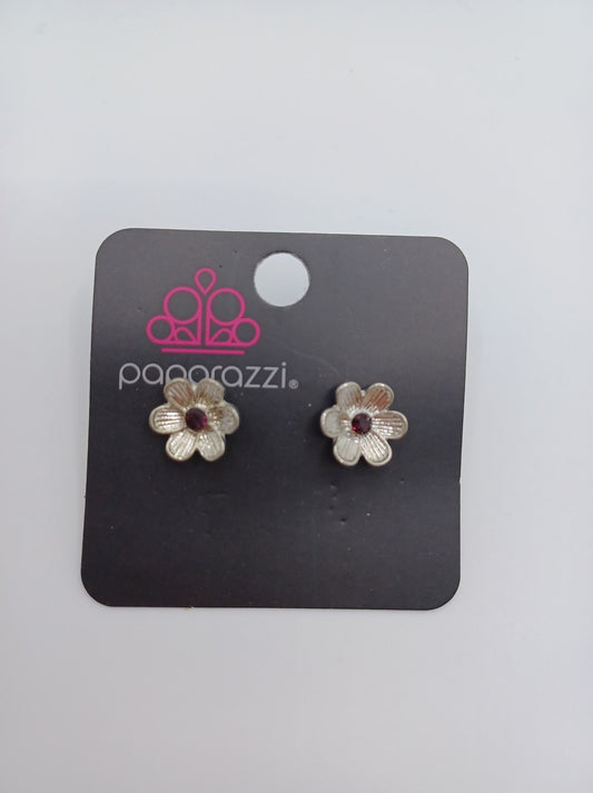 Silver Flower Earrings w/ Purple Rhinestone Center