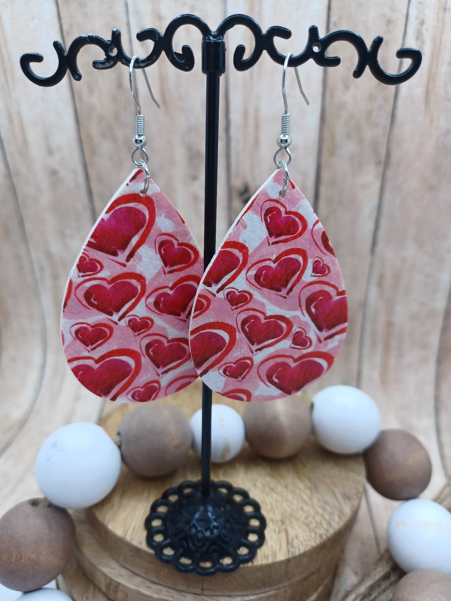 Pink Leather Style Earrings w/ Red Hearts