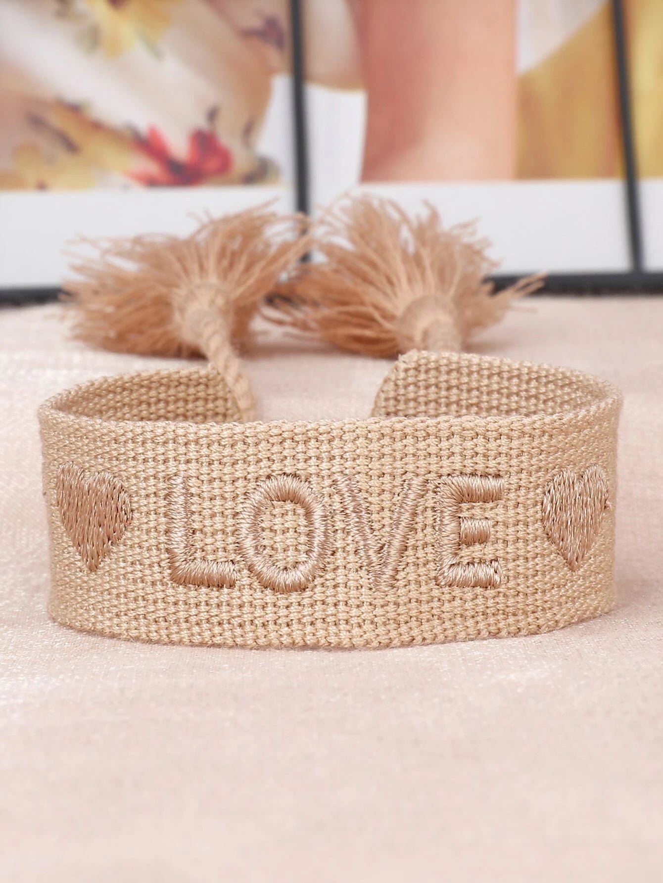 Brown Woven Bracelet w/ Brown Embroidered Heart & "Love"