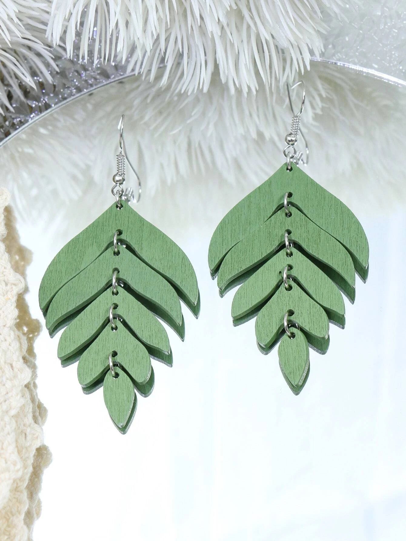 Green Wooden Leaf Style Earrings