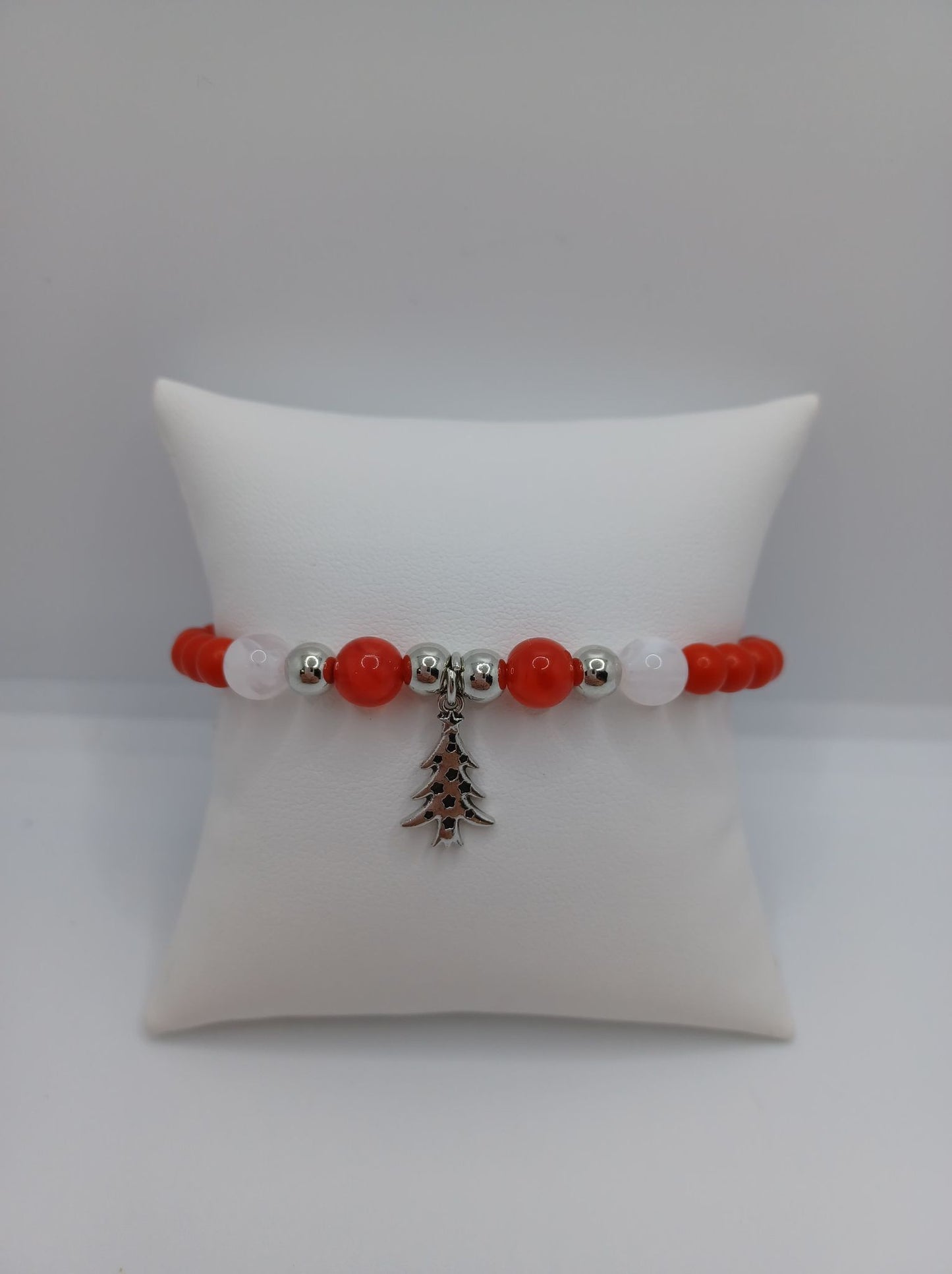 Red & White Beaded Bracelet w/ Christmas Tree Charm