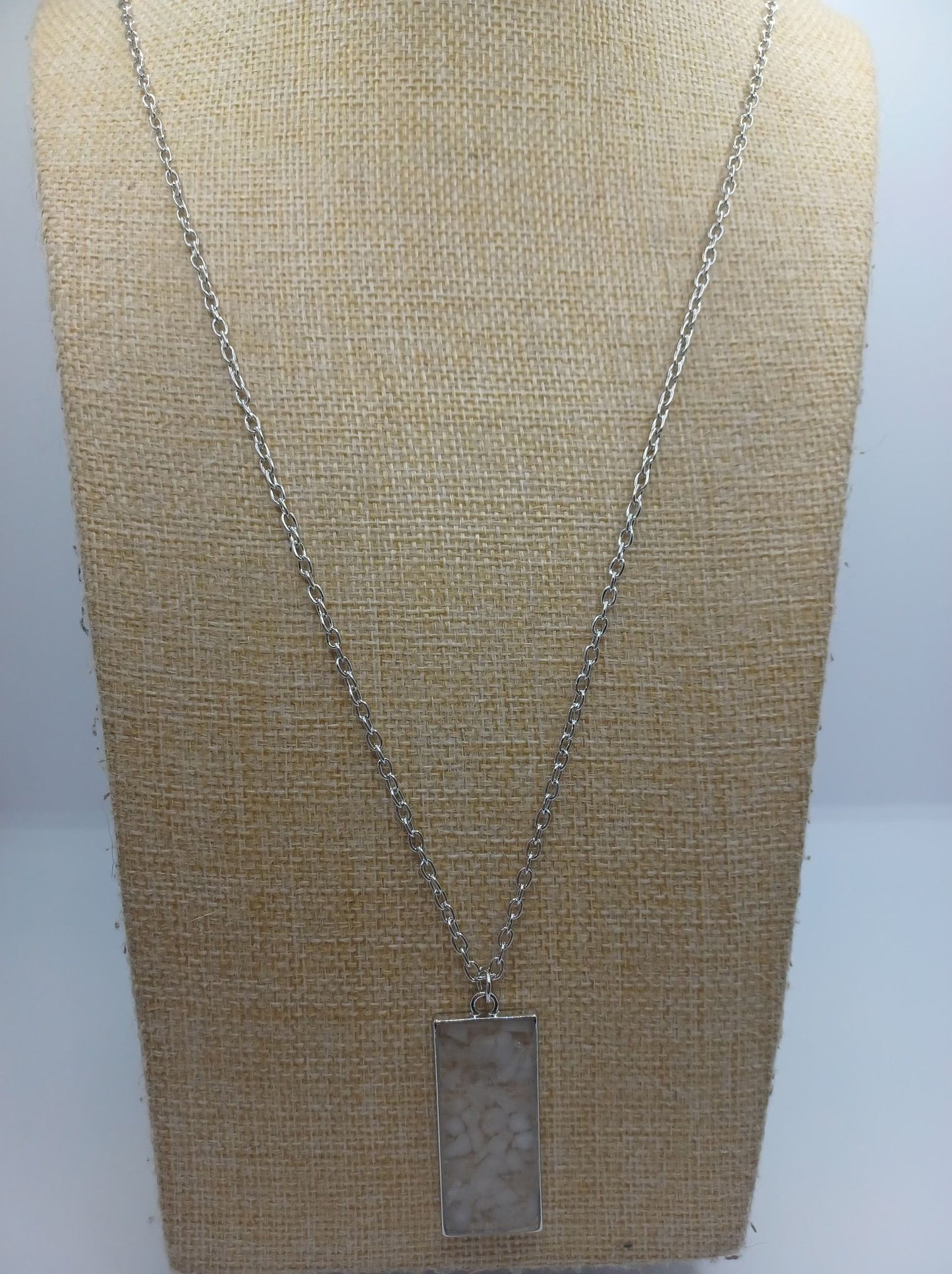 Silver Necklace w/ White Stone Acrylic Pendant