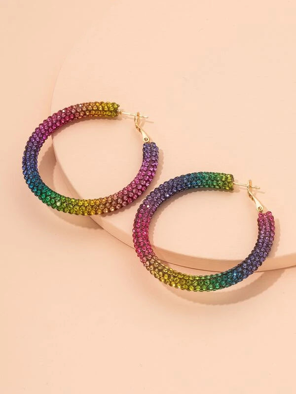 Rainbow Rhinestone Hoop Earrings