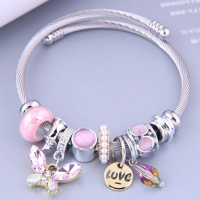 Pink Butterfly & Love Coil Style Bracelet