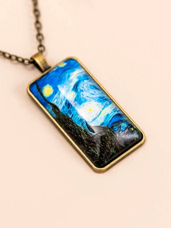 Brass Necklace w/ Detailed Painting Style Pendant