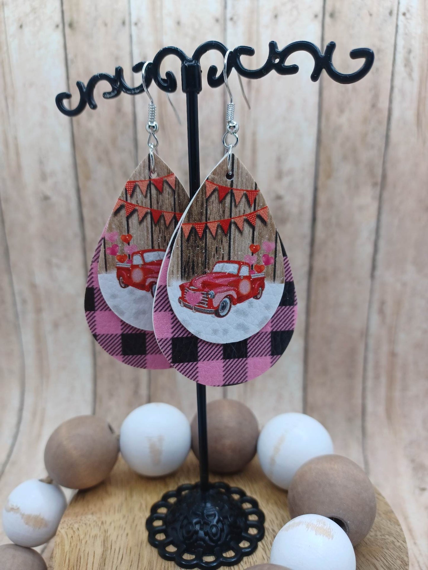 Red Truck w/ Hearts on Pink Plaid Earrings