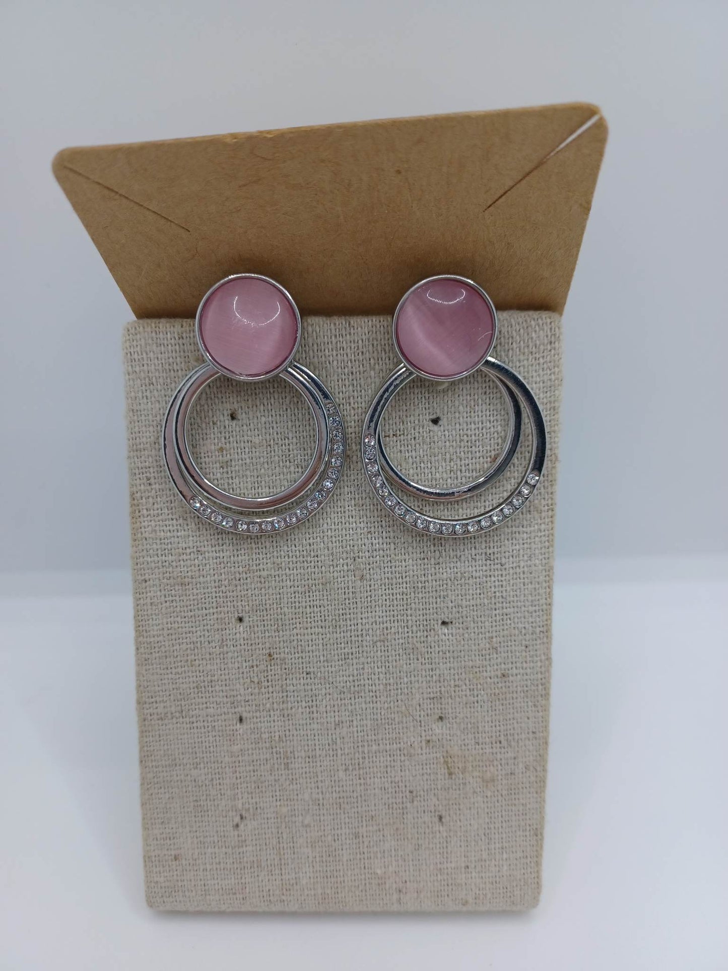 Pink Moonstone Earrings w/ White Rhinestone Accents