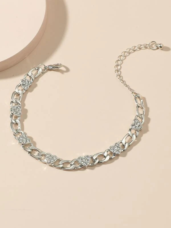 Silver Heart Bracelet/Anklet w/ Rhinestone Detail