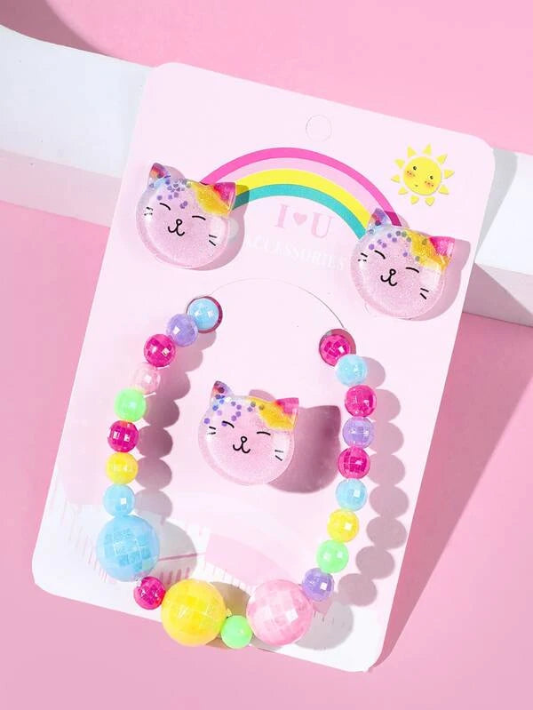 Pink Cat Bracelet, Earrings, & Ring Set