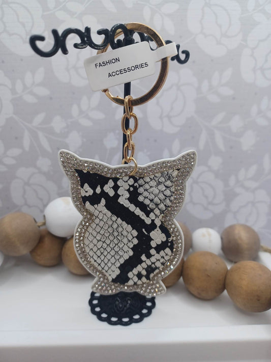 Snakeskin Printed Owl Keychain w/ Rhinestones