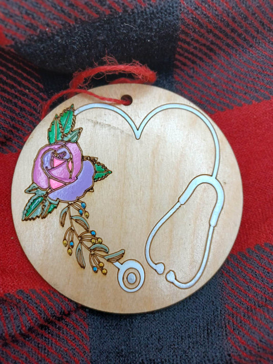 Stethoscope w/ Purple Flower Wooden & Acrylic Ornament
