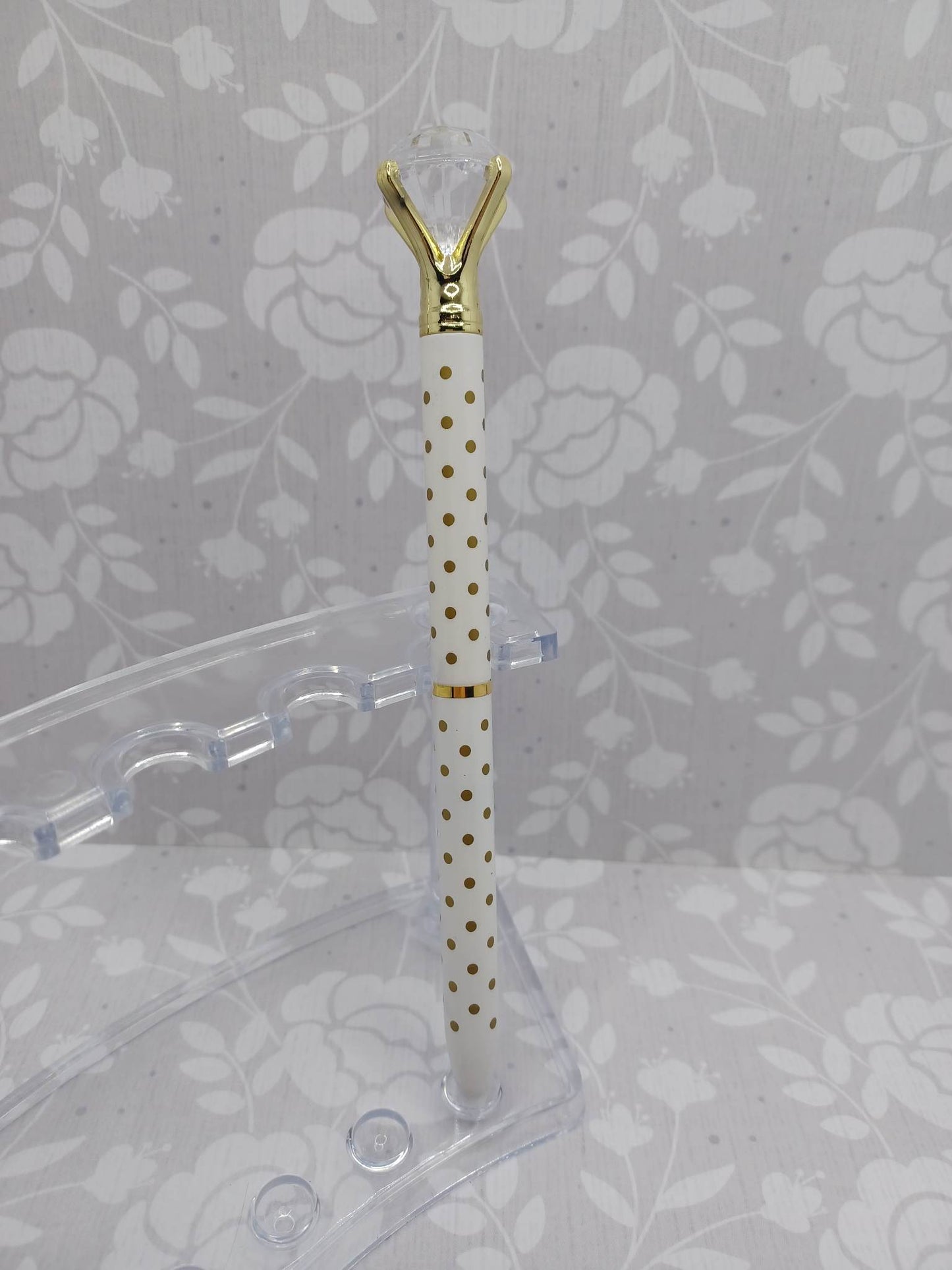 White Polka Dot Pen w/ Diamond Top