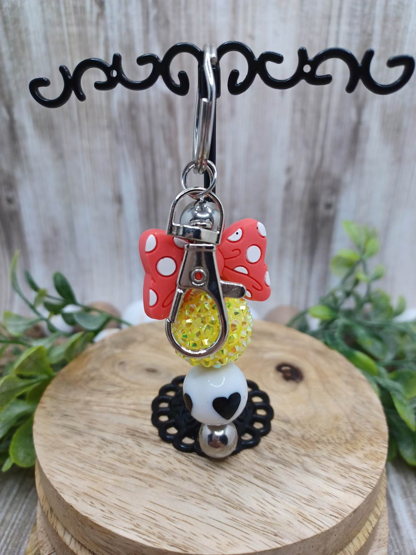 Red Bow Beaded Keychain w/ Heart Detail & Lanyard Attachment