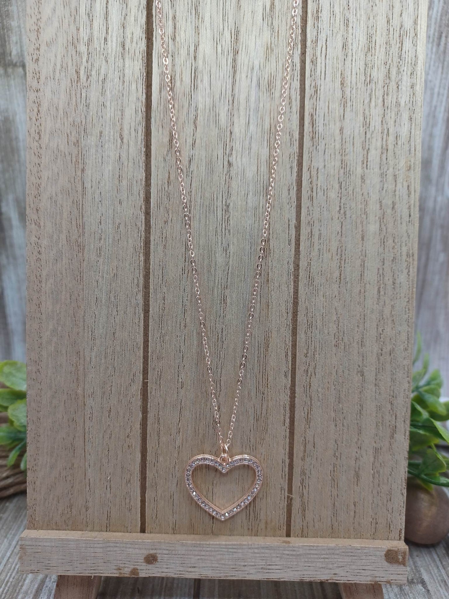 Rose Gold Heart Necklace w/ Rhinestones
