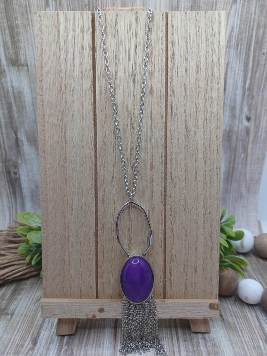 Silver Necklace w/ Purple Pendant & Tassels