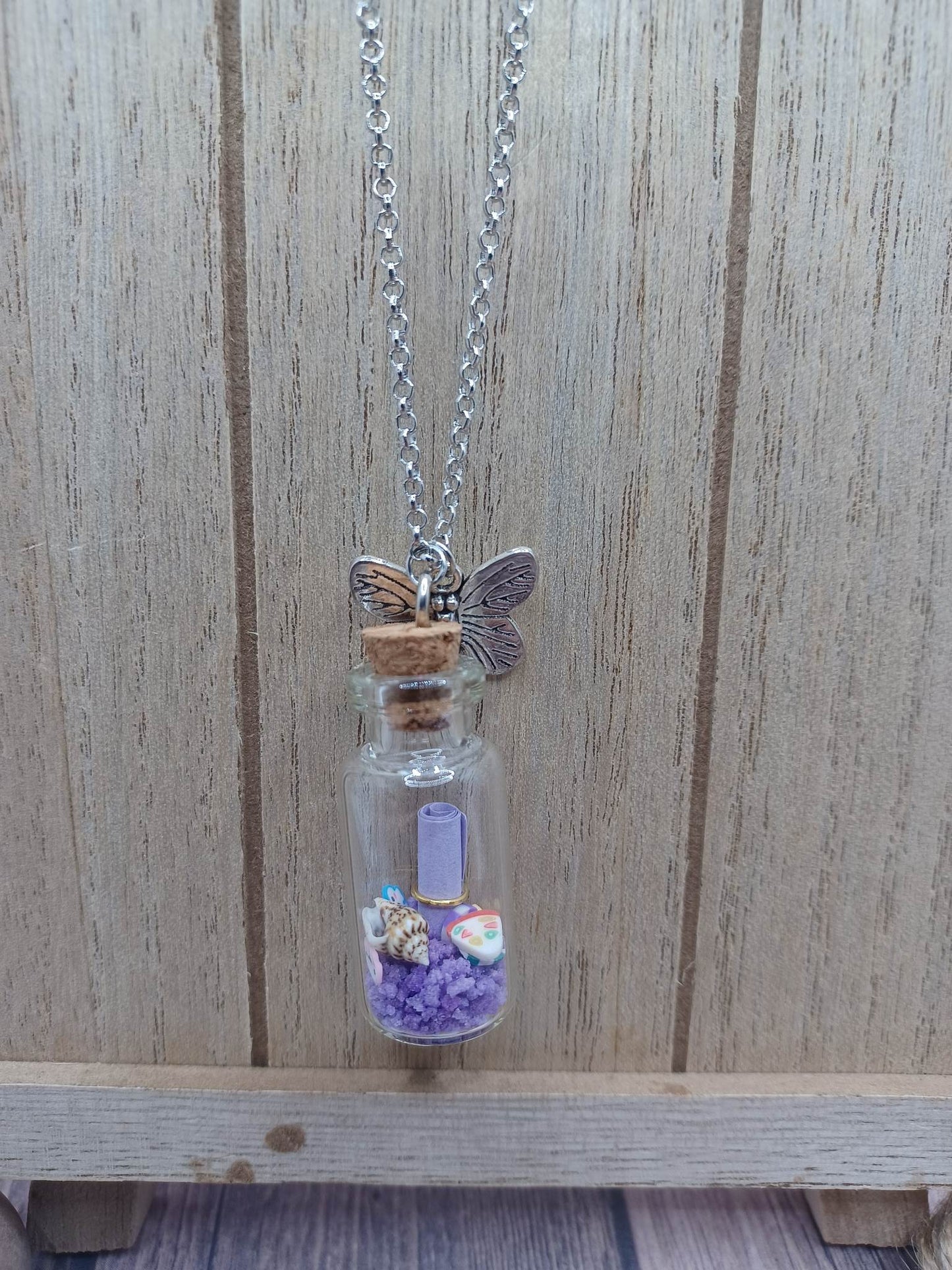 Silver Necklace w/ Butterfly & Purple Stones in a Bottle