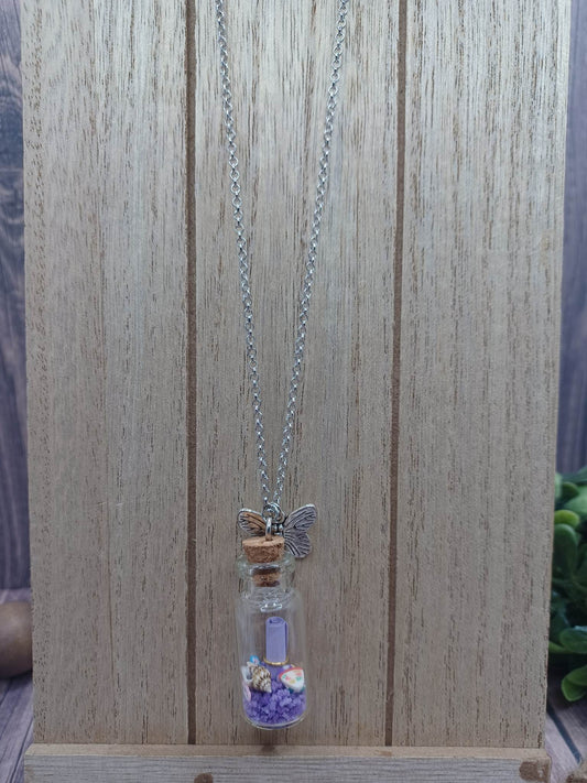 Silver Necklace w/ Butterfly & Purple Stones in a Bottle