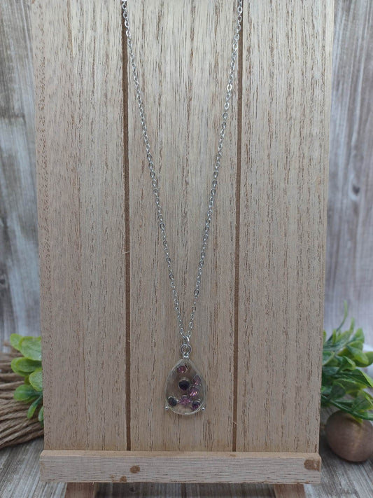Silver Necklace w/ Light & Dark Purple Rhinestones in an Acrylic Pendant