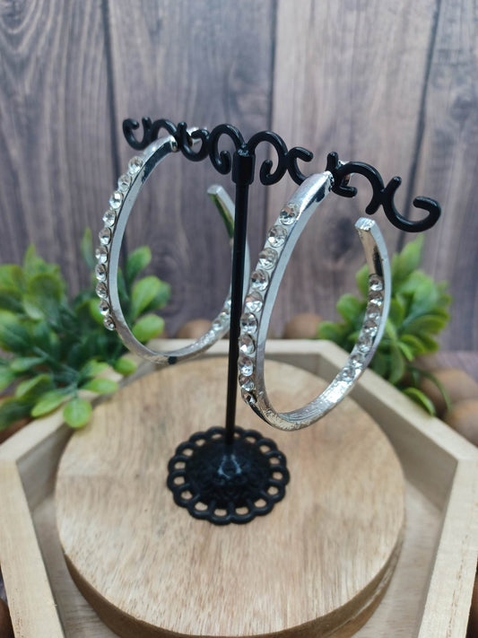 Silver Rounded Earring w/ Rhinestones Accents