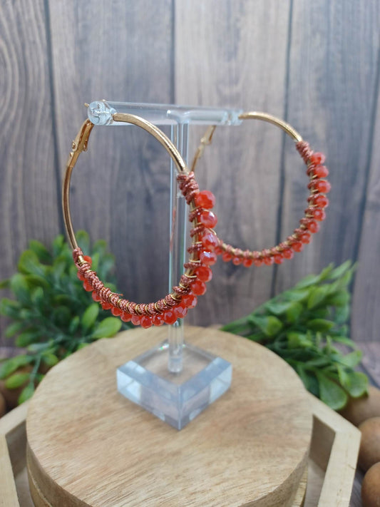 Red Beaded & Wrapped Hoop Earrings