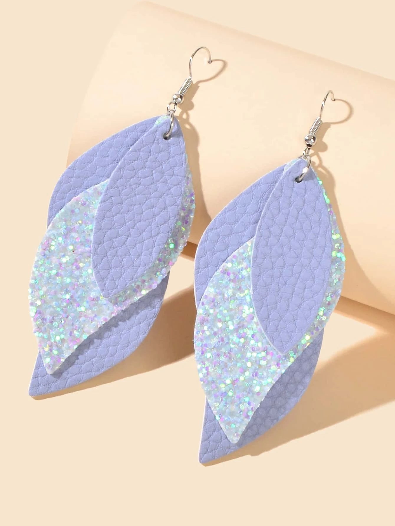 Triple Layered Light Blue Leather Style Earrings w/ Glitter