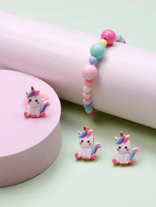 White Unicorn Bracelet, Earrings, & Ring Set