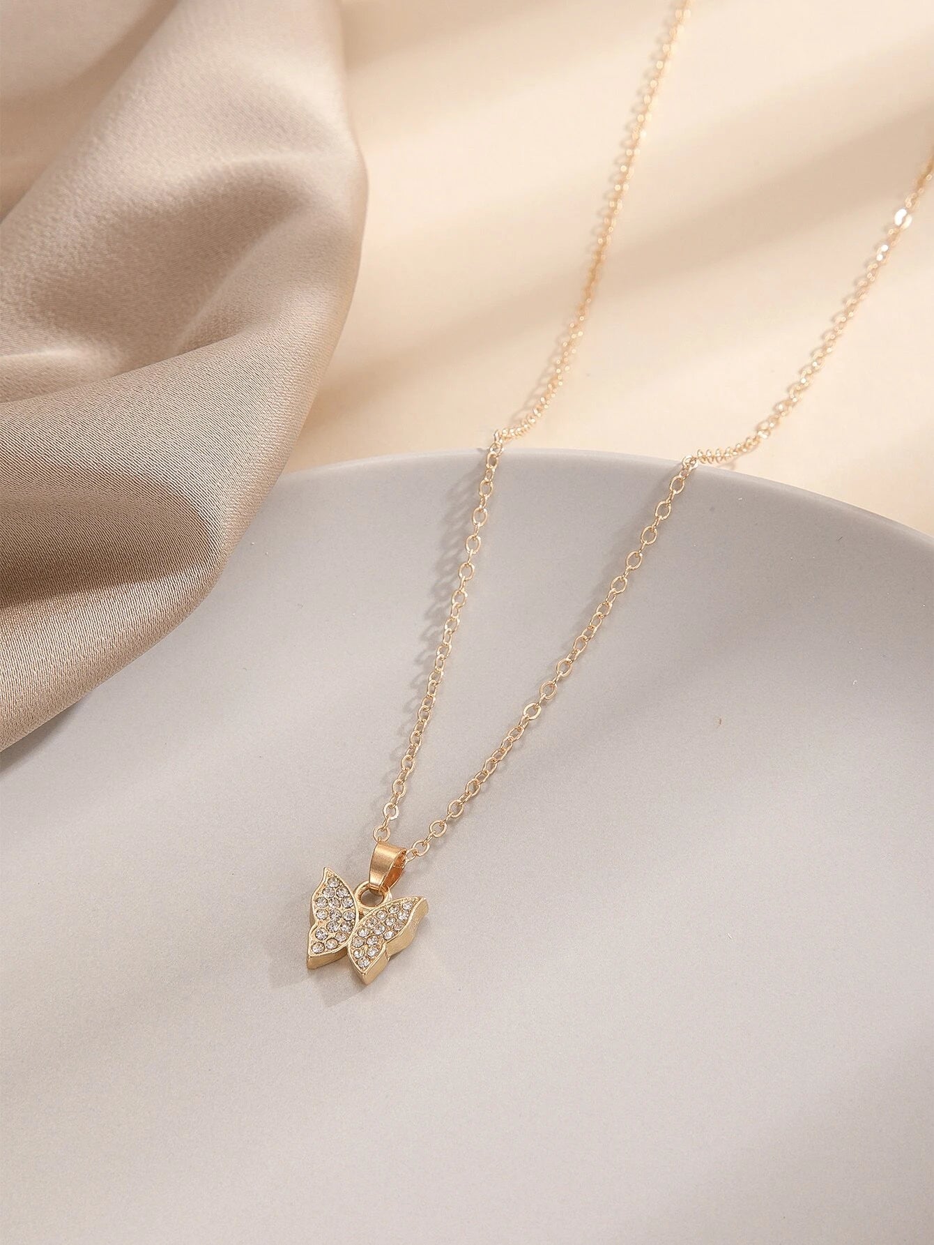 Gold Necklace w/ Butterfly Rhinestone Pendant