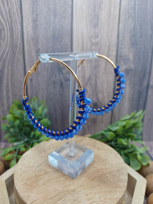 Blue Beaded & Wrapped Hoop Earrings