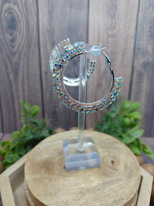 Silver Hoop Earrings w/ Mermaid Rhinestones