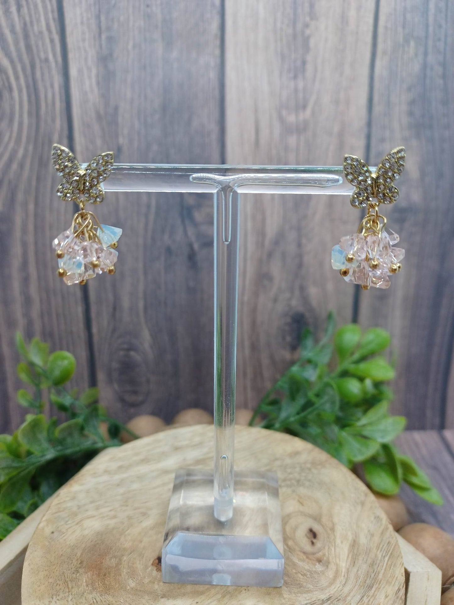 Butterfly Rhinestone Earrings w/ Pink Beaded Clusters