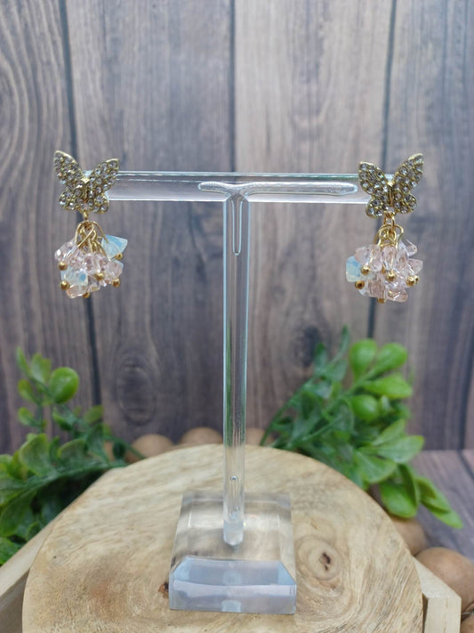 Butterfly Rhinestone Earrings w/ Pink Beaded Clusters