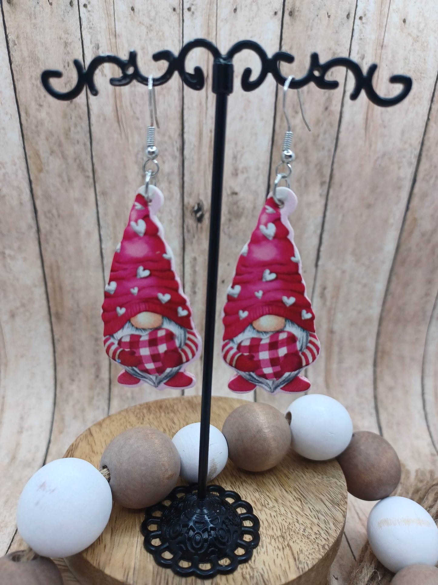 Pink Gnome Holding a Pink Plaid Heart Earrings