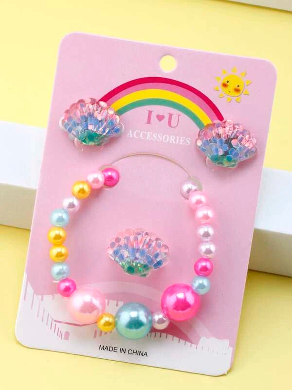 Pink to Blue Ombre Seashell Bracelet, Earrings, & Ring Set