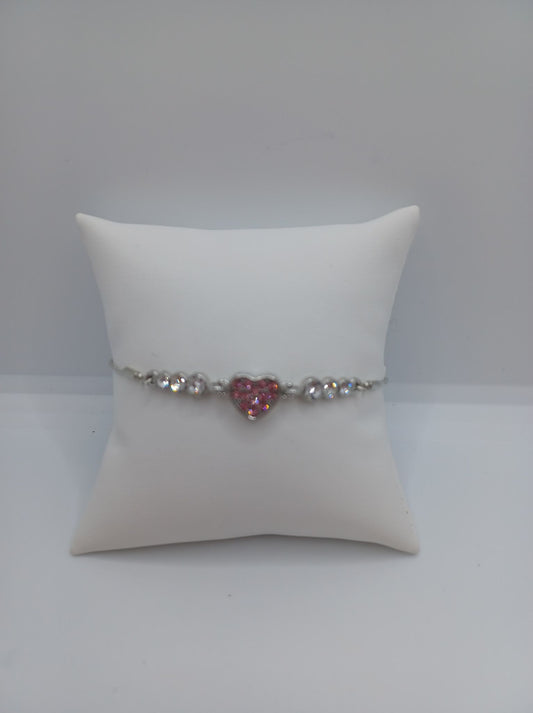 Silver Bracelet w/ Pink Heart & Rhinestone Accents