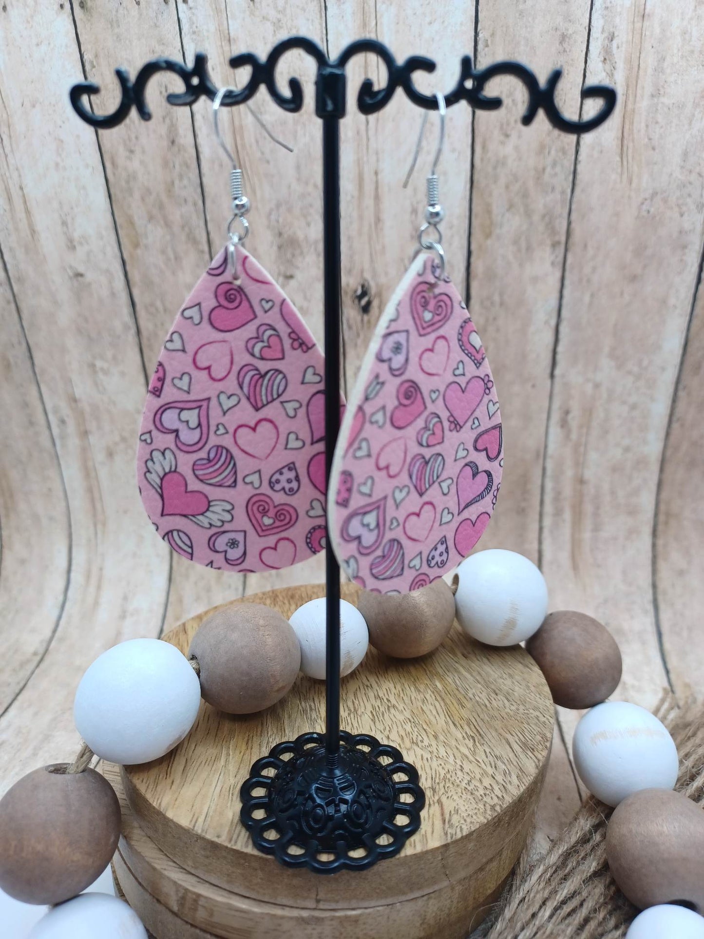 Pink Leather Style Earrings w/ Hearts