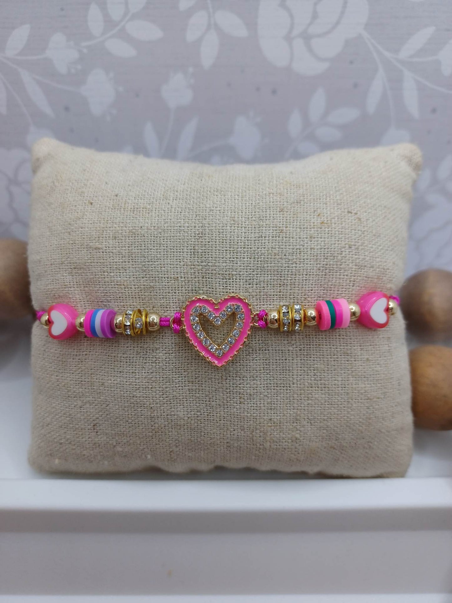 Hot Pink Beaded Rhinestone Heart Bracelet