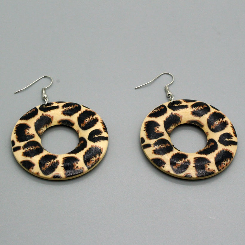 Wooden Leopard Circle Style Earrings