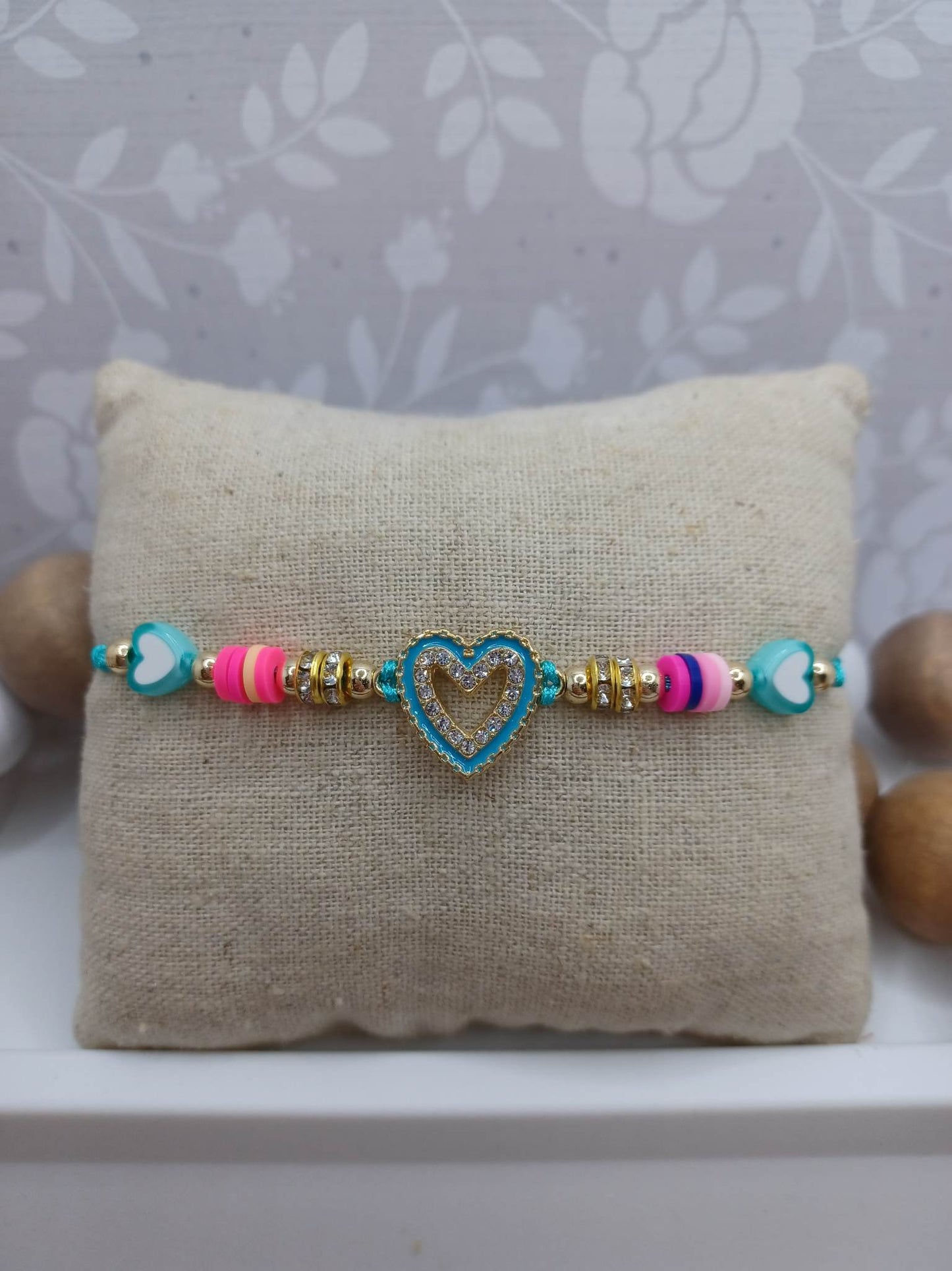 Teal Beaded Rhinestone Heart Bracelet