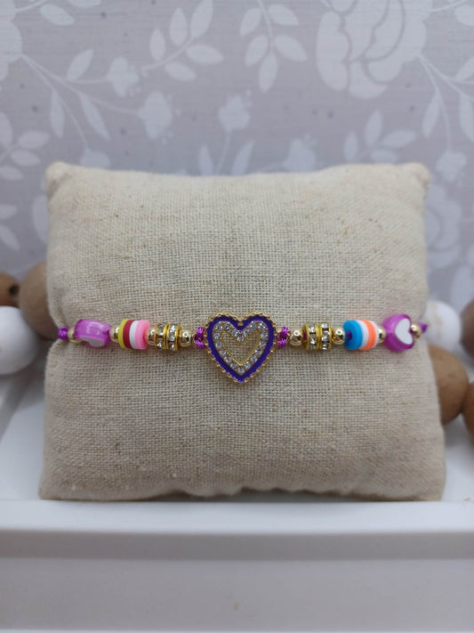 Purple Beaded Rhinestone Heart Bracelet