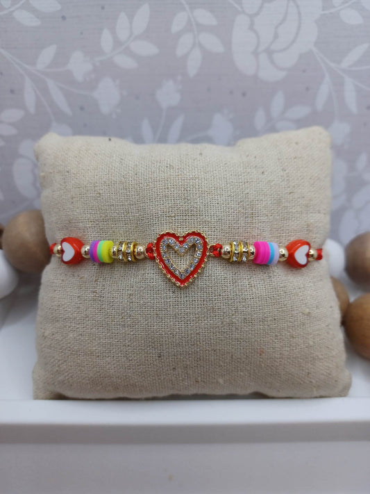 Red Beaded Rhinestone Heart Bracelet