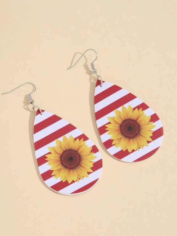 Sunflower w/ Red & White Stripes Leather Style Earrings