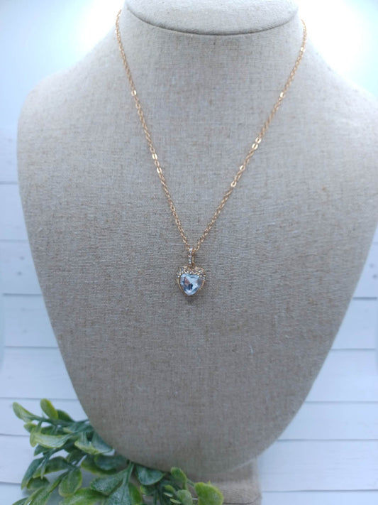 Gold Necklace w/ White Rhinestone Heart Pendant