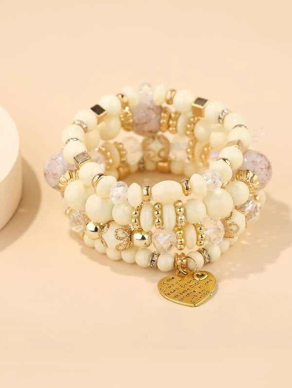 Beige Bracelet set with Heart Charm