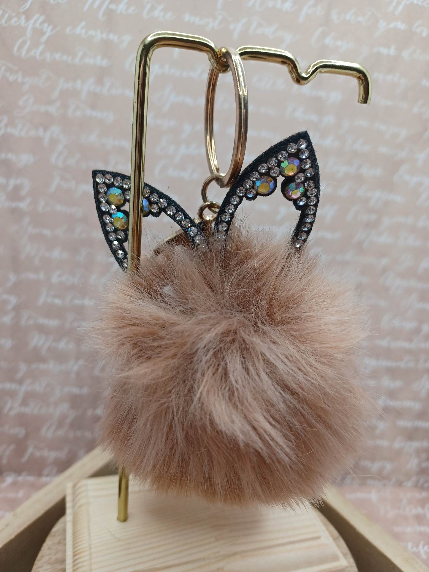 Coffee Colored Fox Pom Pom Keychain w/ Mermaid Rhinestone Ears