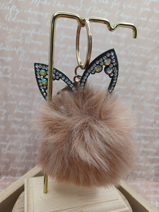 Coffee Colored Fox Pom Pom Keychain w/ Mermaid Rhinestone Ears