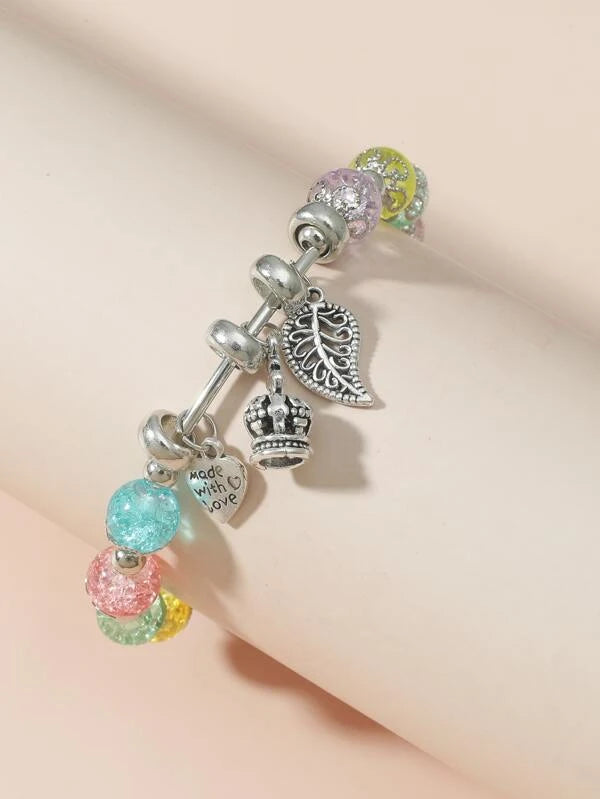 Beaded Multicolored Stretch Bracelet with Crown, Heart, and Leaf Charms